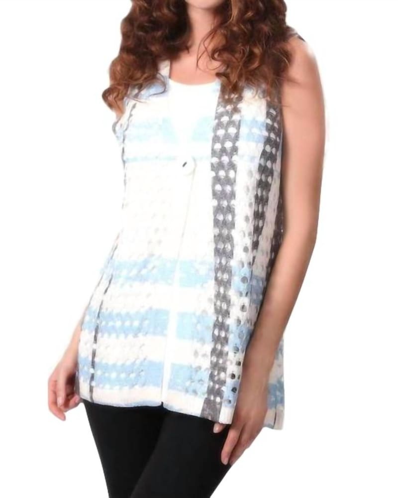 Front of a model wearing a size XL Open-Weave On The Grid Vest in White/Turquiose in White/Turquiose by ANGEL. | dia_product_style_image_id:326506